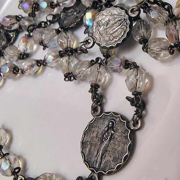 Vintage Italy Silver Tone Aurora Borealis Faceted Crystal Bead Rosary Our Lady - Picture 2 of 6